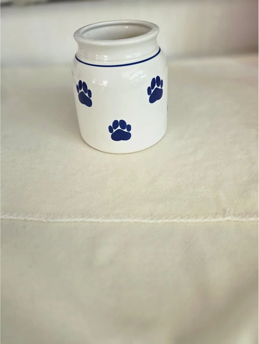 White Ceramic Paw Print Crock Jar Blue Paws Pet Treat Holder Utensil Vase